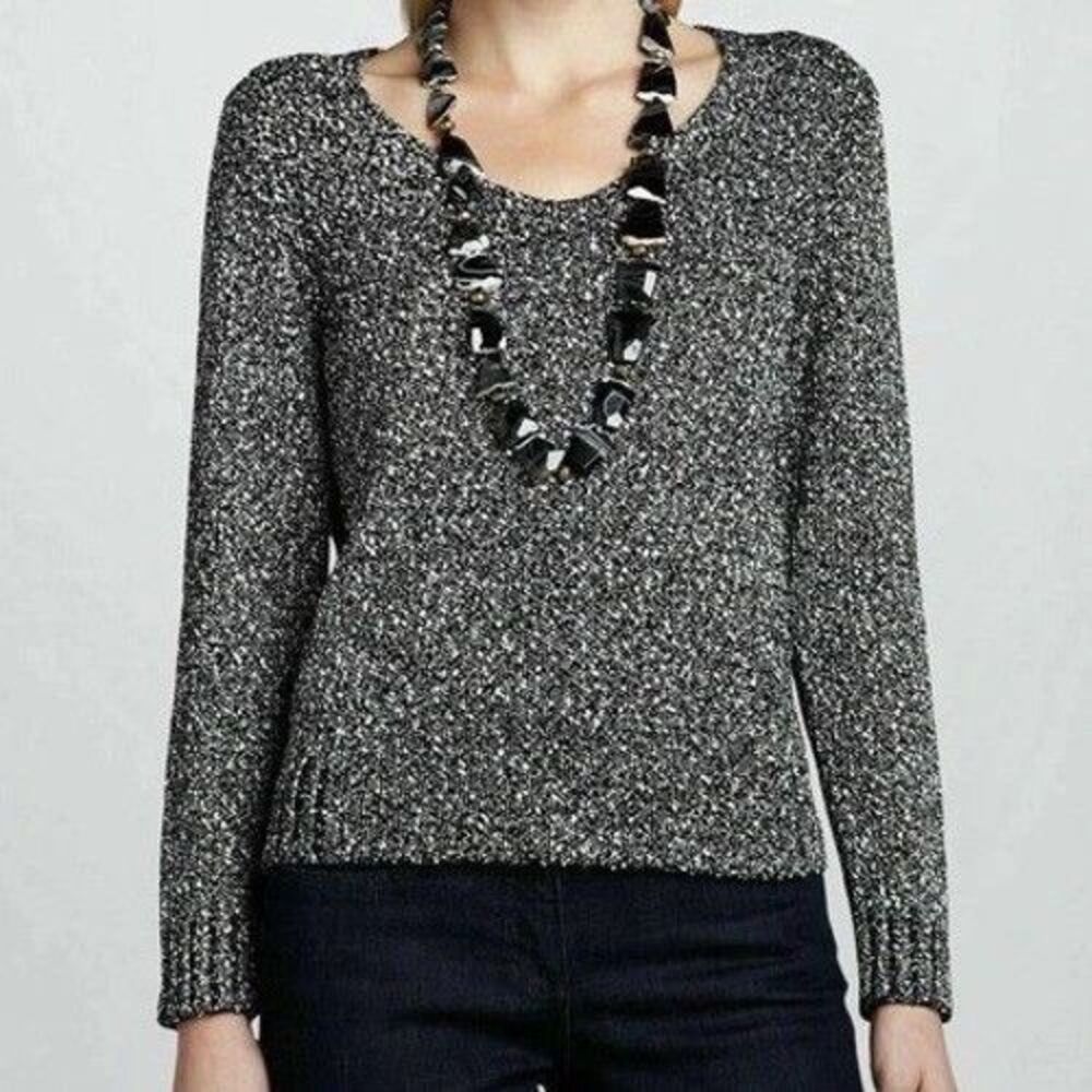 Eileen Fisher Women’s Black Ivory Cotton Sweater Italian Yarn Marled Pocket